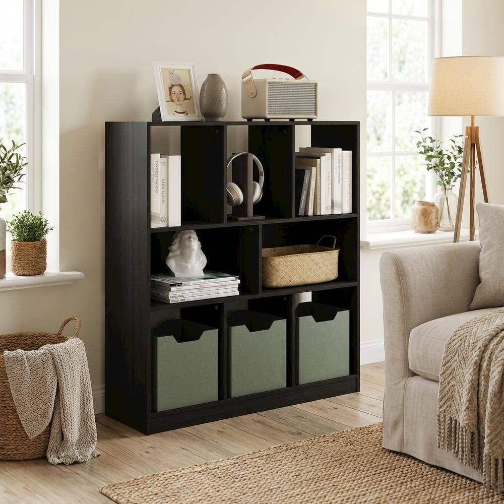 Left. FurniFact - Engineered Wood bookcase with simple design for versatile storage - Espresso.