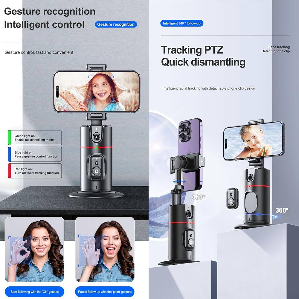 **Gesture Recognition Intelligent Control**

- Gesture control, fast and convenient
- Green light on: Enable facial tracking mode
- Blue light on: Pause gesture control function
- Red light on: Turn off facial tracking function
- Start following with the OK gesture
- Pause follow-up with the palm gesture

**Intelligent 360° Follow-up**

- Tracking PTZ
- Quick dismantling
- Intelligent facial tracking with detachable phone clip design
- Face tracking
- Detach phone clip
- 360°