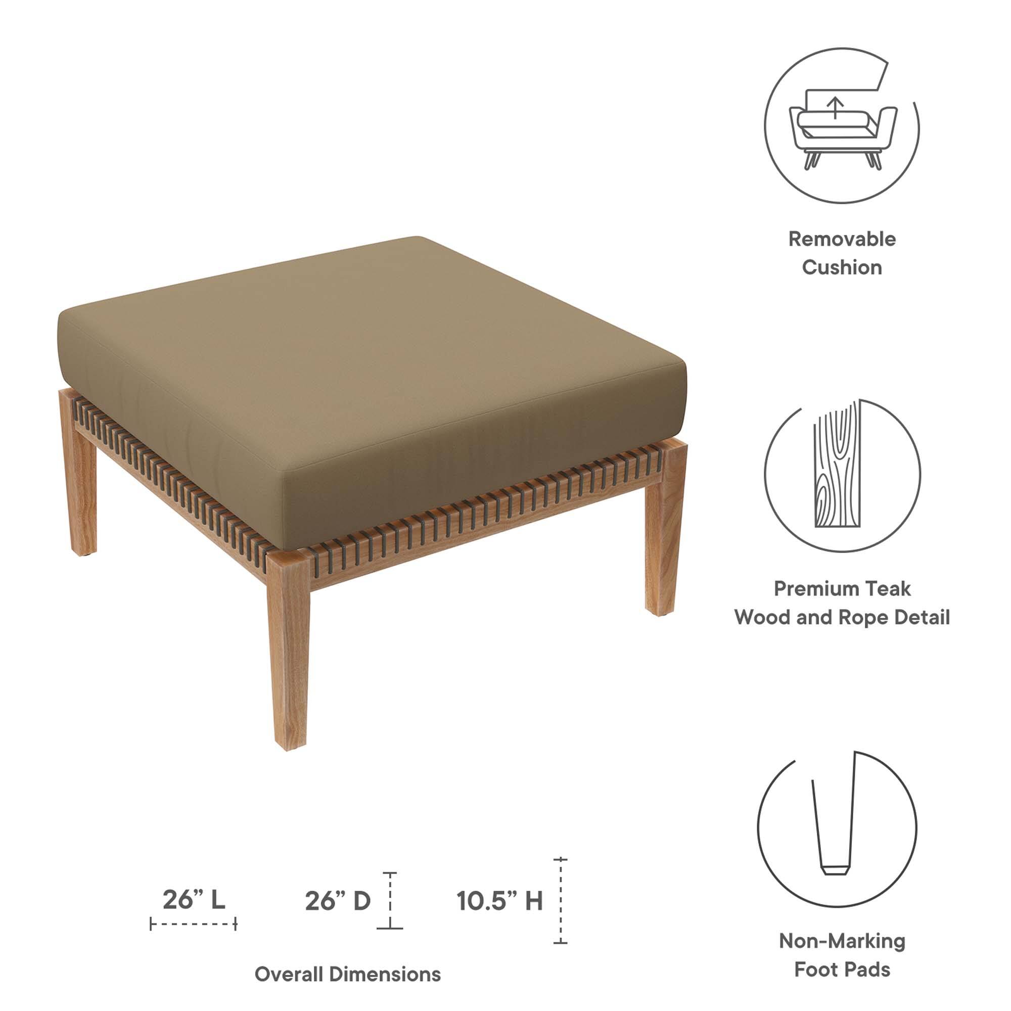 - Removable Cushion
- Premium Teak Wood and Rope Detail
- Overall Dimensions: 26" L x 26" D x 10.5" H
- Non-Marking Foot Pads