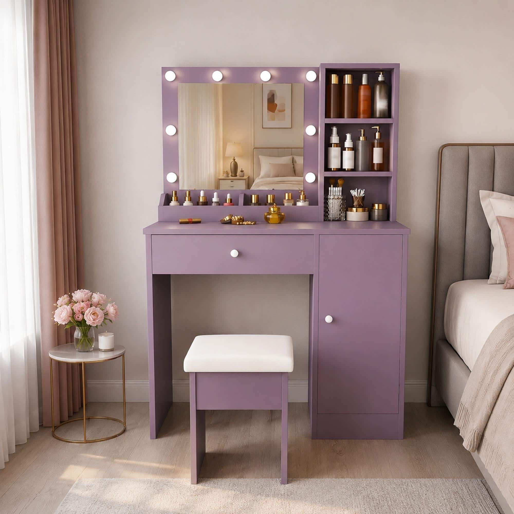 RYHNUYNE - Vanity Desk Set, Padded Stool, Lighted Mirror, 8 Bulbs, 3 Color Modes, MDF, Drawer and Storage Locker - Purple