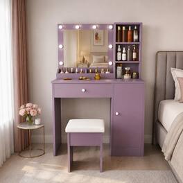 RYHNUYNE - Vanity Desk Set, Padded Stool, Lighted Mirror, 8 Bulbs, 3 Color Modes, MDF, Drawer and Storage Locker - Purple