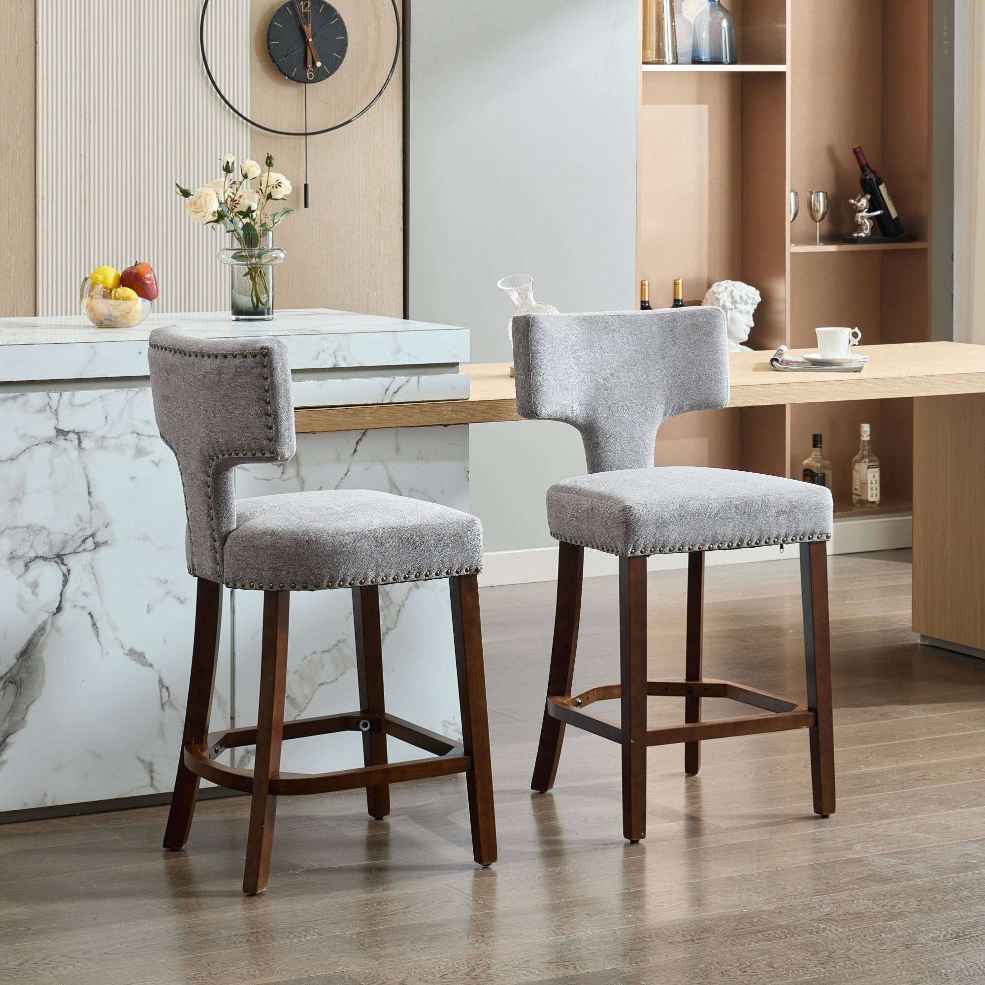 Alt View 9. GOODSILO - Modern Counter Height Bar Stools Set of 2, Farmhouse Upholstered Accent Chairs with Curved Backrest and Hardwood Frame - Gray.