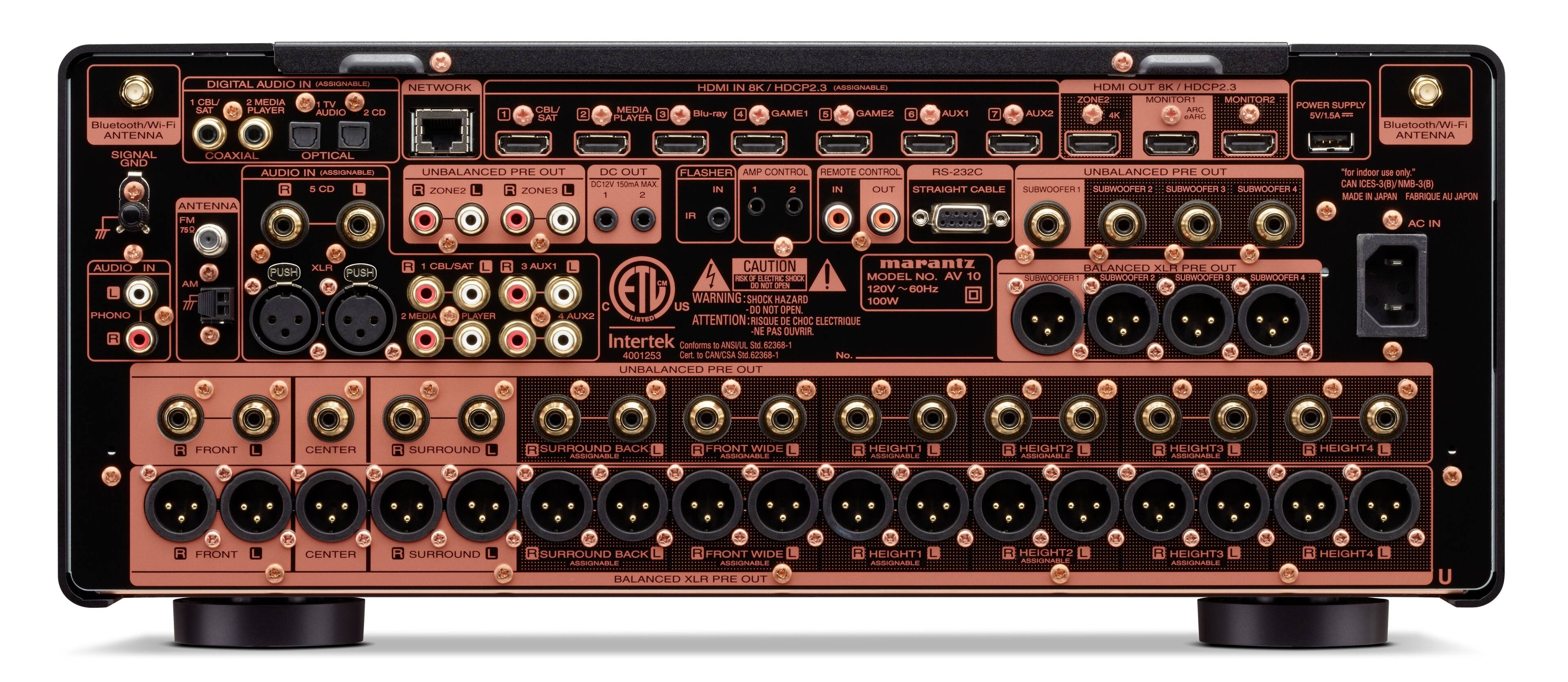 The image shows a back view of a Marantz audio system, which includes a media player, HDMI in, Bluetooth/Wi-Fi antenna, and various audio inputs and outputs. The system also features a power supply and a remote control. The back of the device has a warning label, indicating that it should not be opened. The audio system is designed for indoor use only.