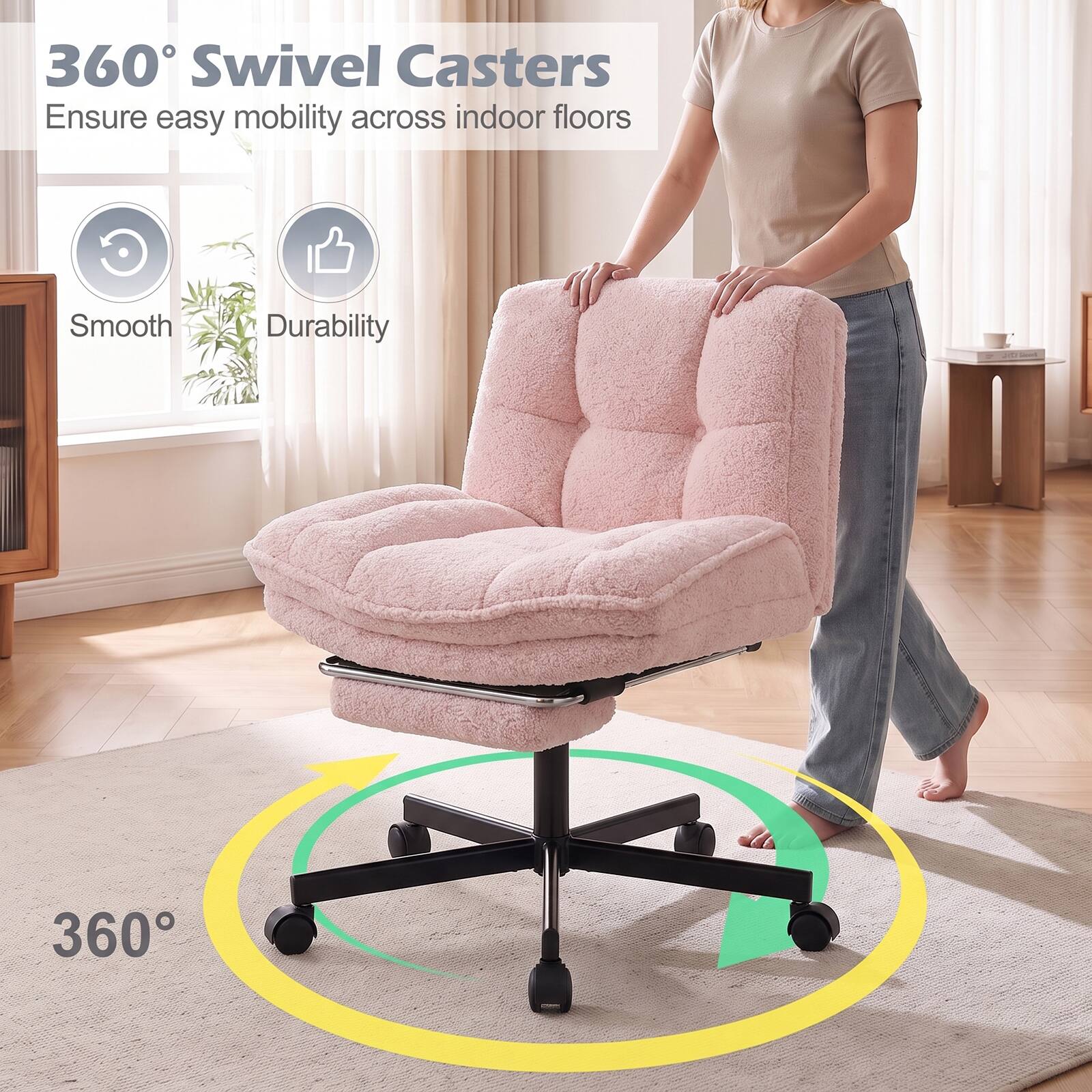 360° Swivel Casters  
Ensure easy mobility across indoor floors

Smooth  
Durability