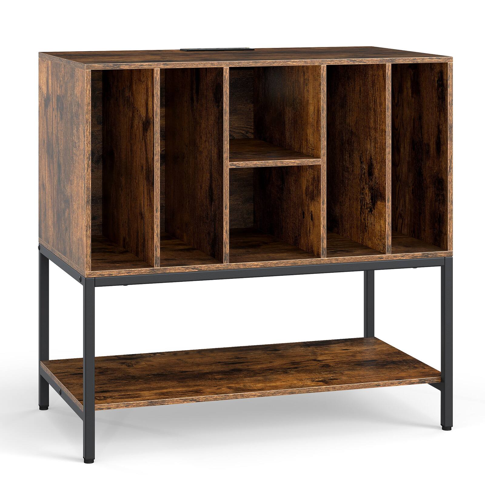 Alt View 9. Gymax - Gymax Record Player Stand w/Charging Station Vinyl Storage Holder Shelves Metal Frame Rustic Brown & Black - Brown.
