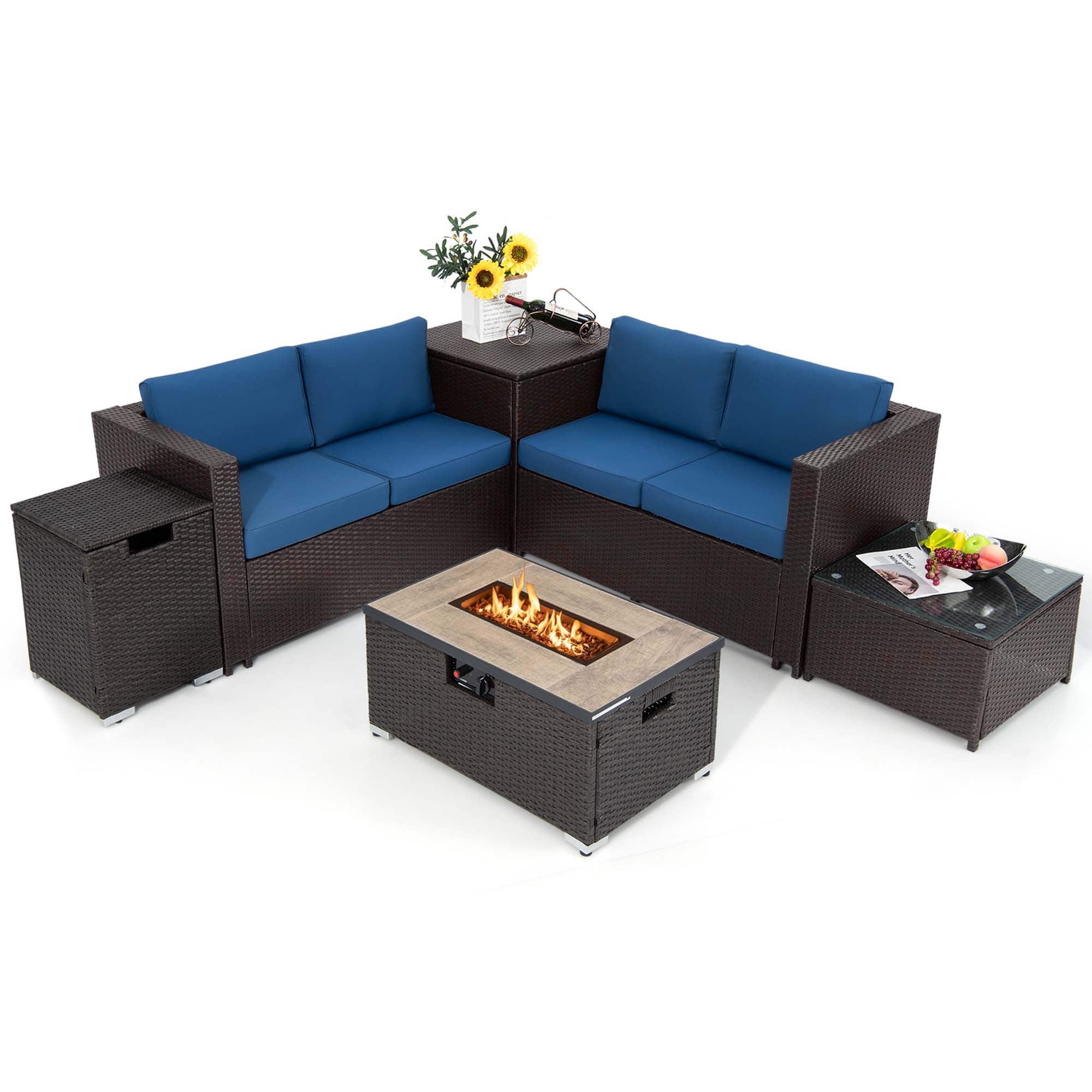 Costway - 6PCS Patio Rattan Furniture Set 32" Fire Pit Table Tank Holder with Cover - Navy