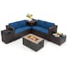 Costway - 6PCS Patio Rattan Furniture Set 32" Fire Pit Table Tank Holder with Cover - Navy