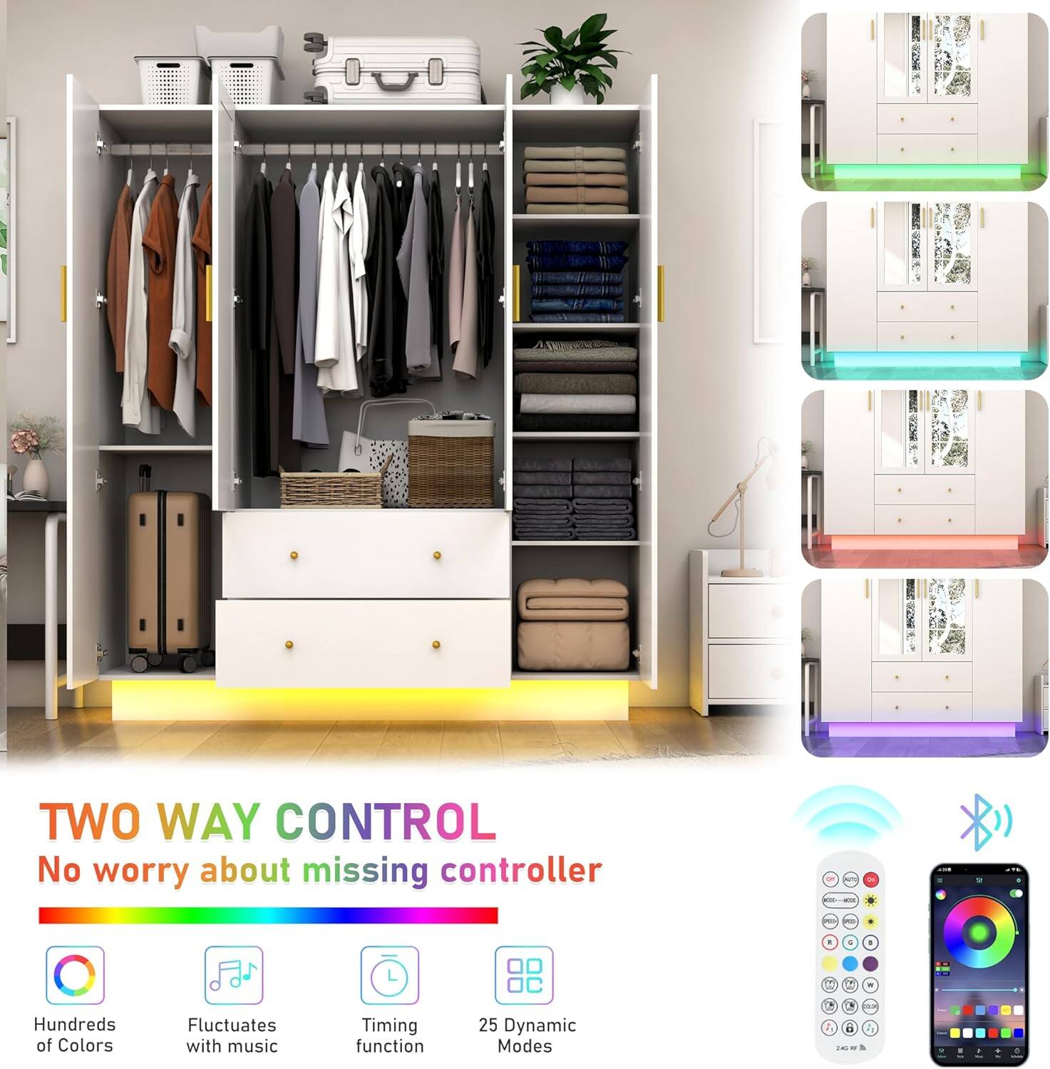 TWO WAY CONTROL  
No worry about missing controller  

- Hundreds of Colors  
- Fluctuates with music  
- Timing function  
- 25 Dynamic Modes