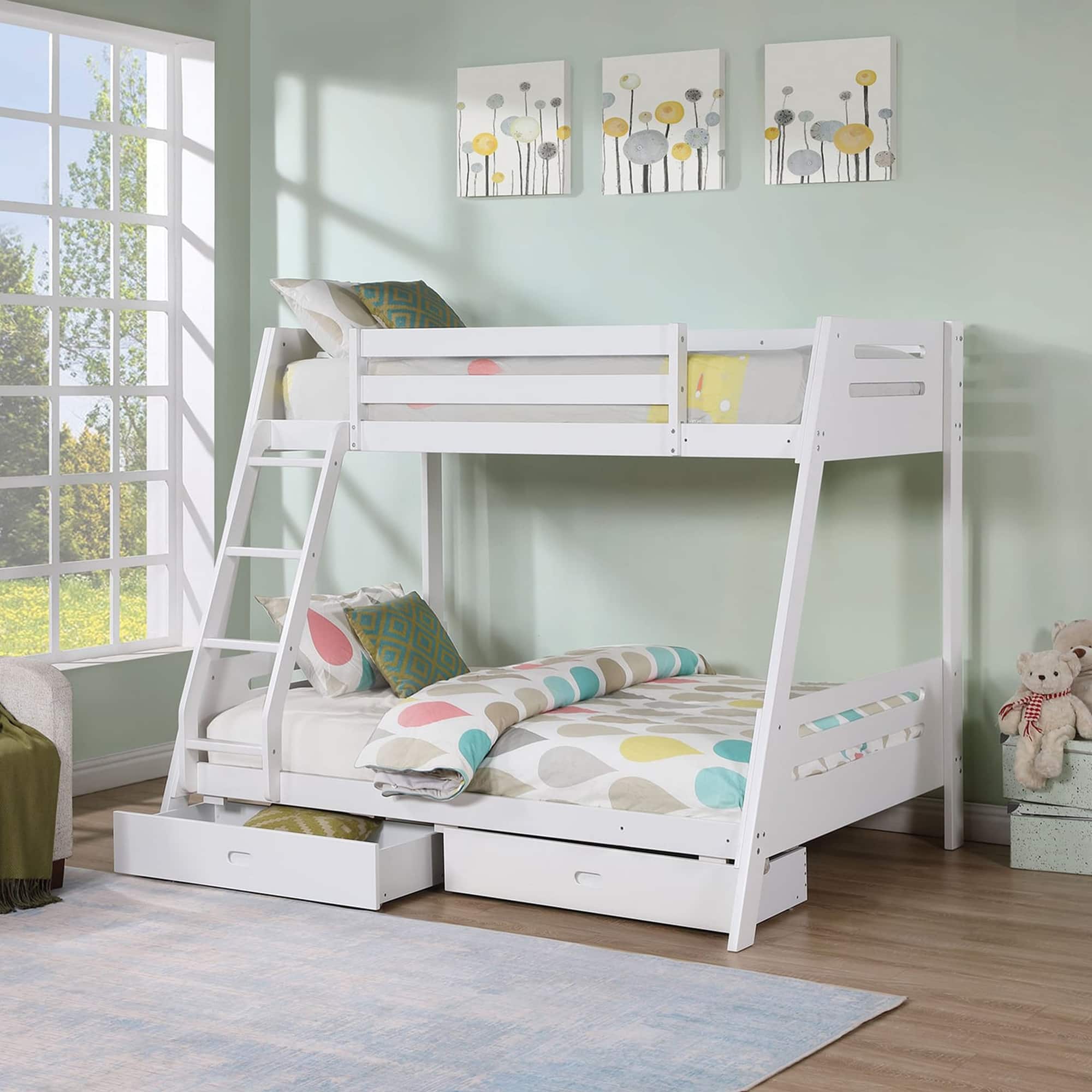 Vaczon - Solid Wood Twin/Full Bunk Bed with Storage Drawers, Built-In Ladder and Guardrails - White