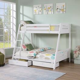 Vaczon - Solid Wood Twin/Full Bunk Bed with Storage Drawers, Built-In Ladder and Guardrails - White