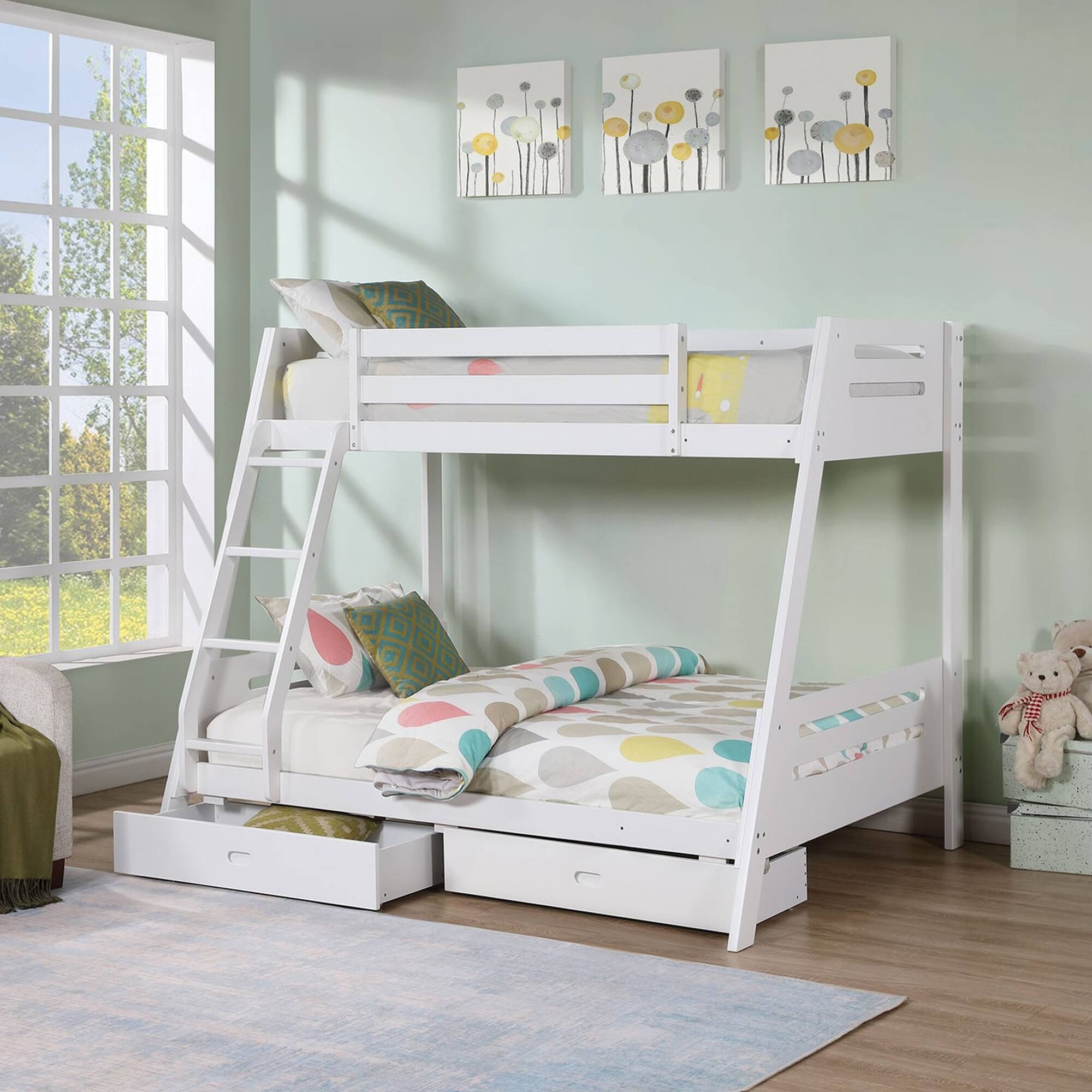 Left. Vaczon - Twin/Full Bunk Bed, Solid Wood Construction, Safety Guardrails and Built-In Underbed Storage Drawers - White.
