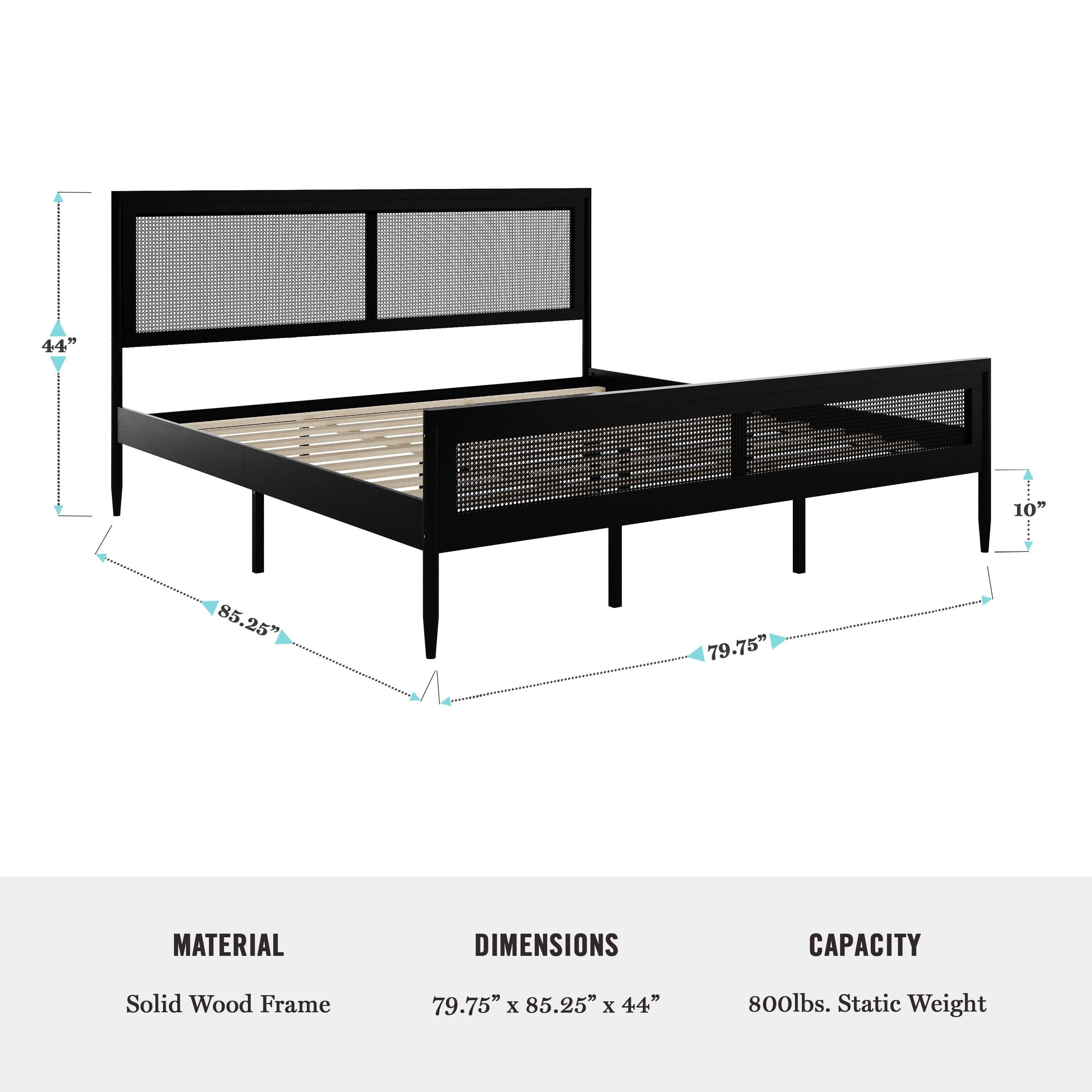 The text on the image is grouped and corrected as follows:

Material: Solid Wood Frame
Dimensions: 79.75" x 85.25" x 44"
Capacity: 800lbs. Static Weight