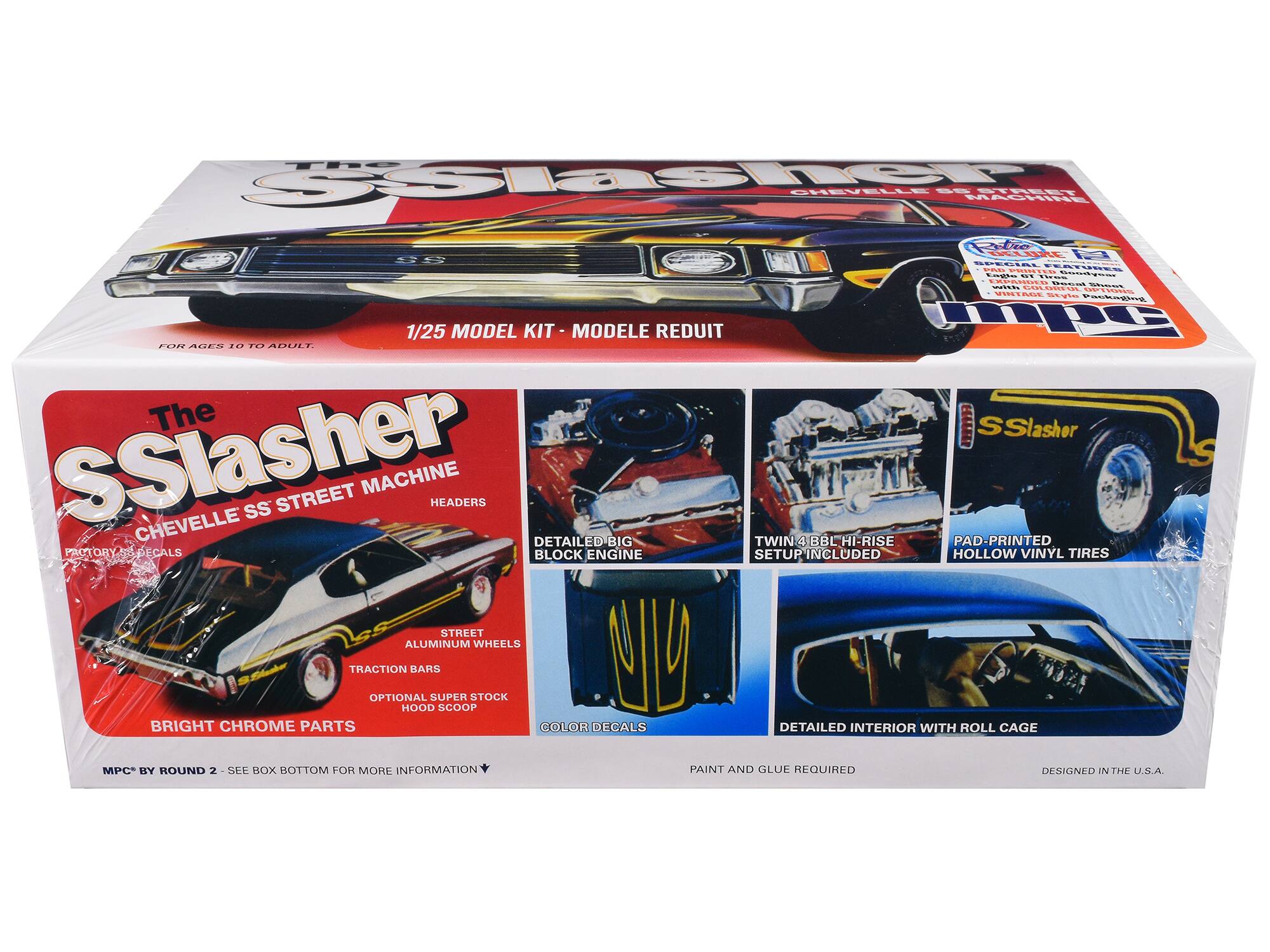 The SSlasher CHEVELLE SS STREET MACHINE HEADERS DETAILED BIG TWIN 4 BBC HI-RISE PAOT ORY PECALS BLOCK ENGINE SETUP INCLUDED. PAD PRINTED HOLLOW VINYL TIRES STREET ALUMINUM WHEELS TRACTION BARS OPTIONAL SUPER STOCK HOOD SCOOP BRIGHT CHROME PARTS COLOR DECALS DETAILED INTERIOR WITH ROLL CAGE MPC BY ROUND 2 SEE BOX BOTTOM FOR MORE INFORMATION PAINT AND GLUE REQUIRED DESIGNED IN THE U.S.A.