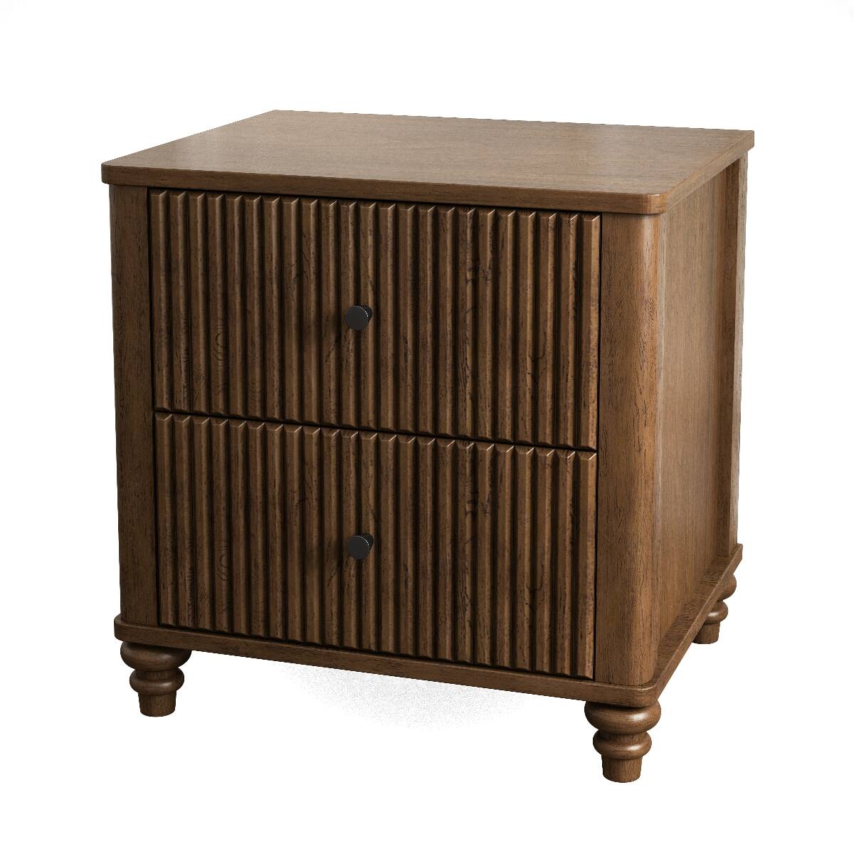 Alt View 6. Loheer - Loheer Fluted Nightstand Set, Walnut Three Drawer Mid Century Modern Bedroom Storage - Walnut.