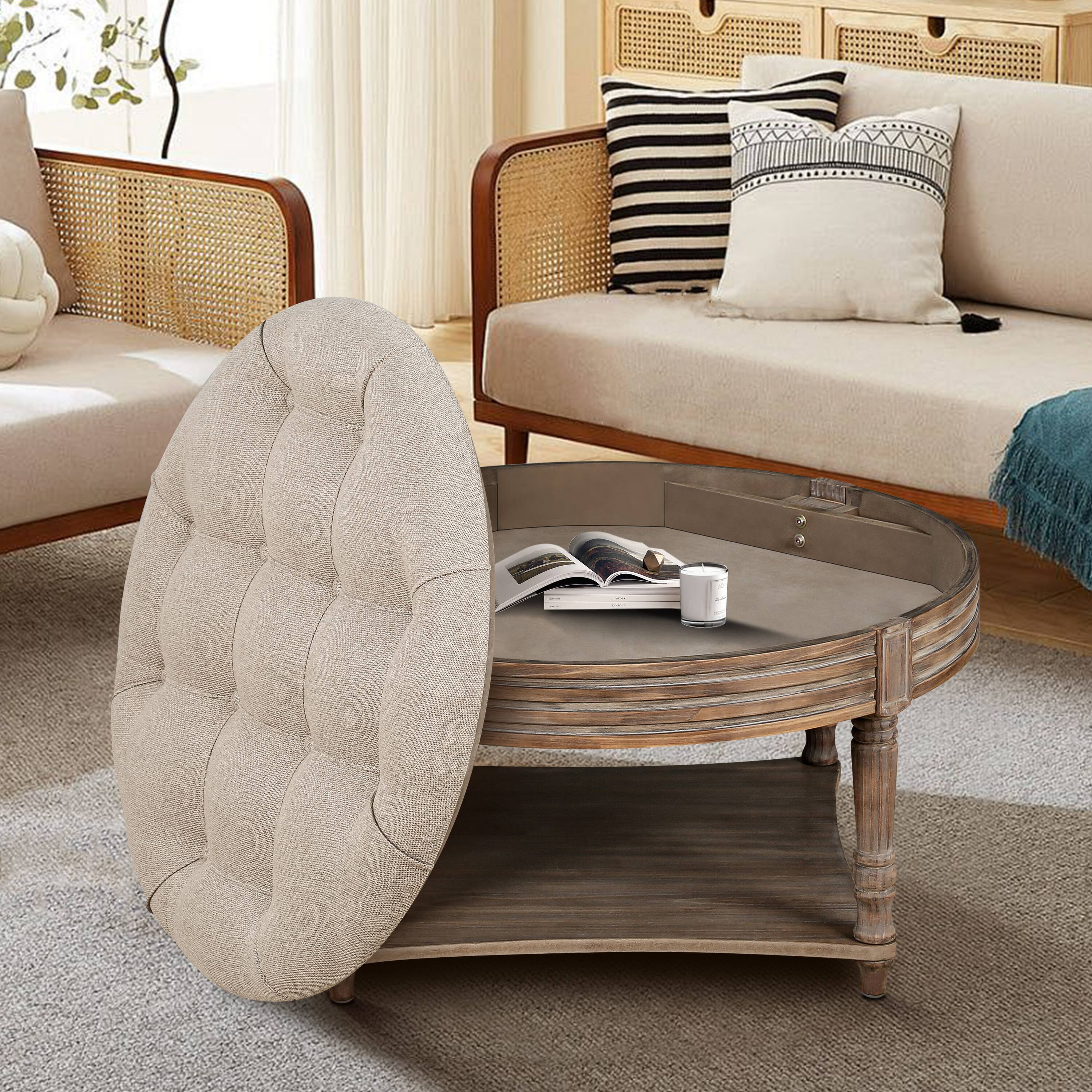 Back. GOODSILO - Large Round Waterproof Ottoman Coffee Table with Two-Tier Storage and Button Tufted Design for Living Room - Gray+ Khaki.