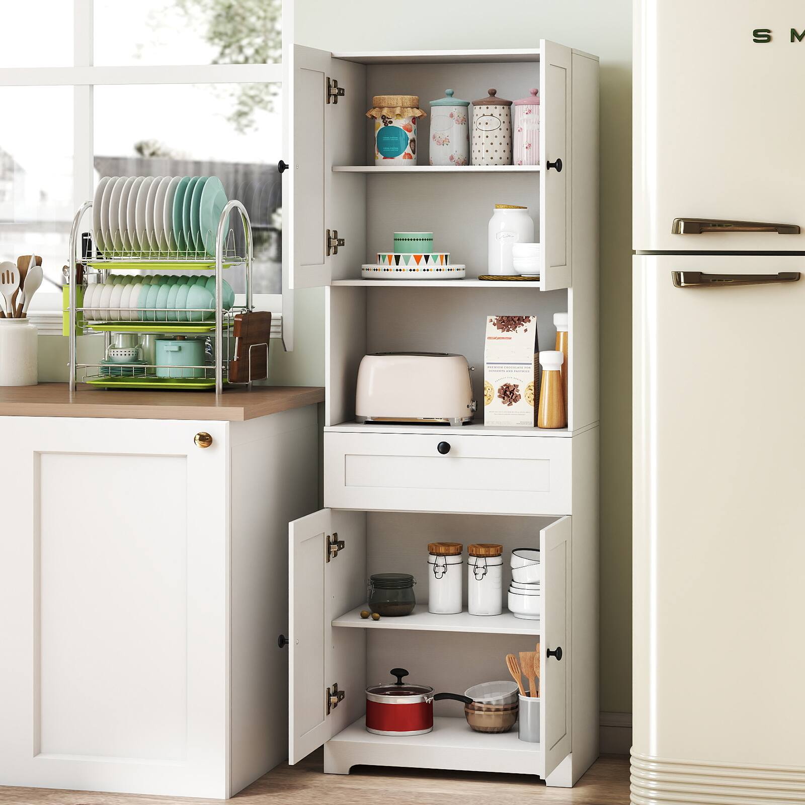 Alt View 8. Gymax - Gymax 67.5'' Kitchen Pantry Cabinet w/4 Doors 1 Drawer Open Countertop Adjustable Shelf White - White.