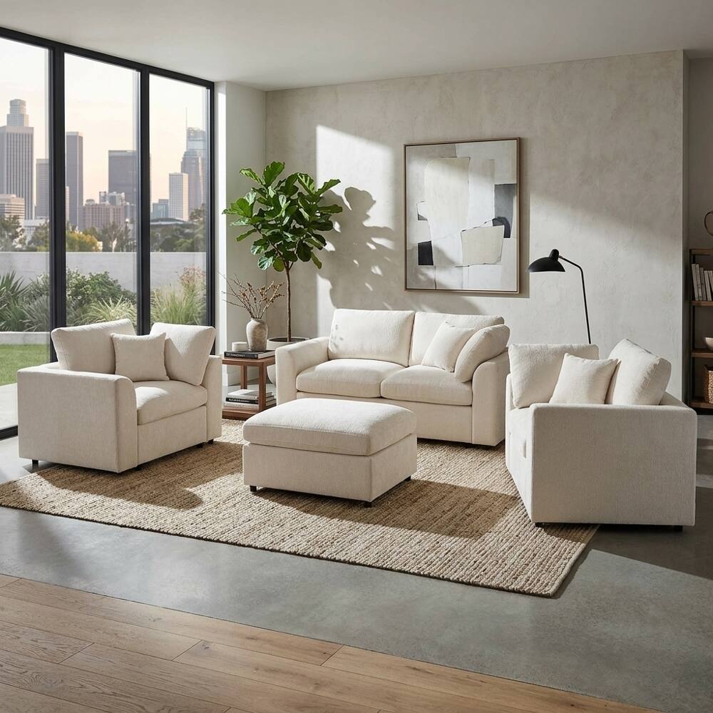 Left. Loheer - Loheer 4-Piece Sofa Set Chenille Modern Living Room Furniture Loveseat Accent Chairs Ottoman - Beige.