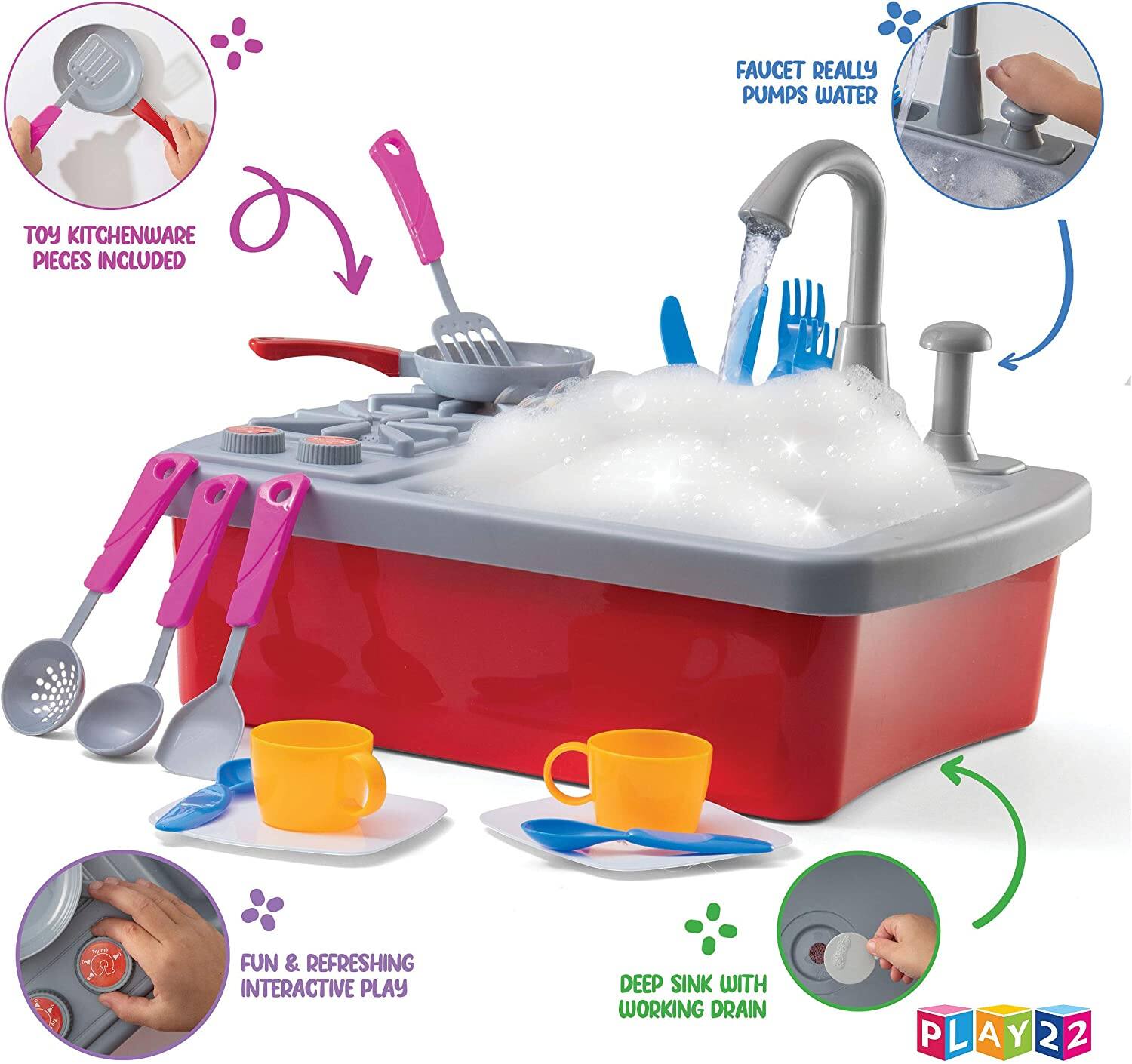 - Faucet really pumps water
- Toy kitchenware pieces included
- Fun & refreshing interactive play
- Deep sink with working drain
- Play22