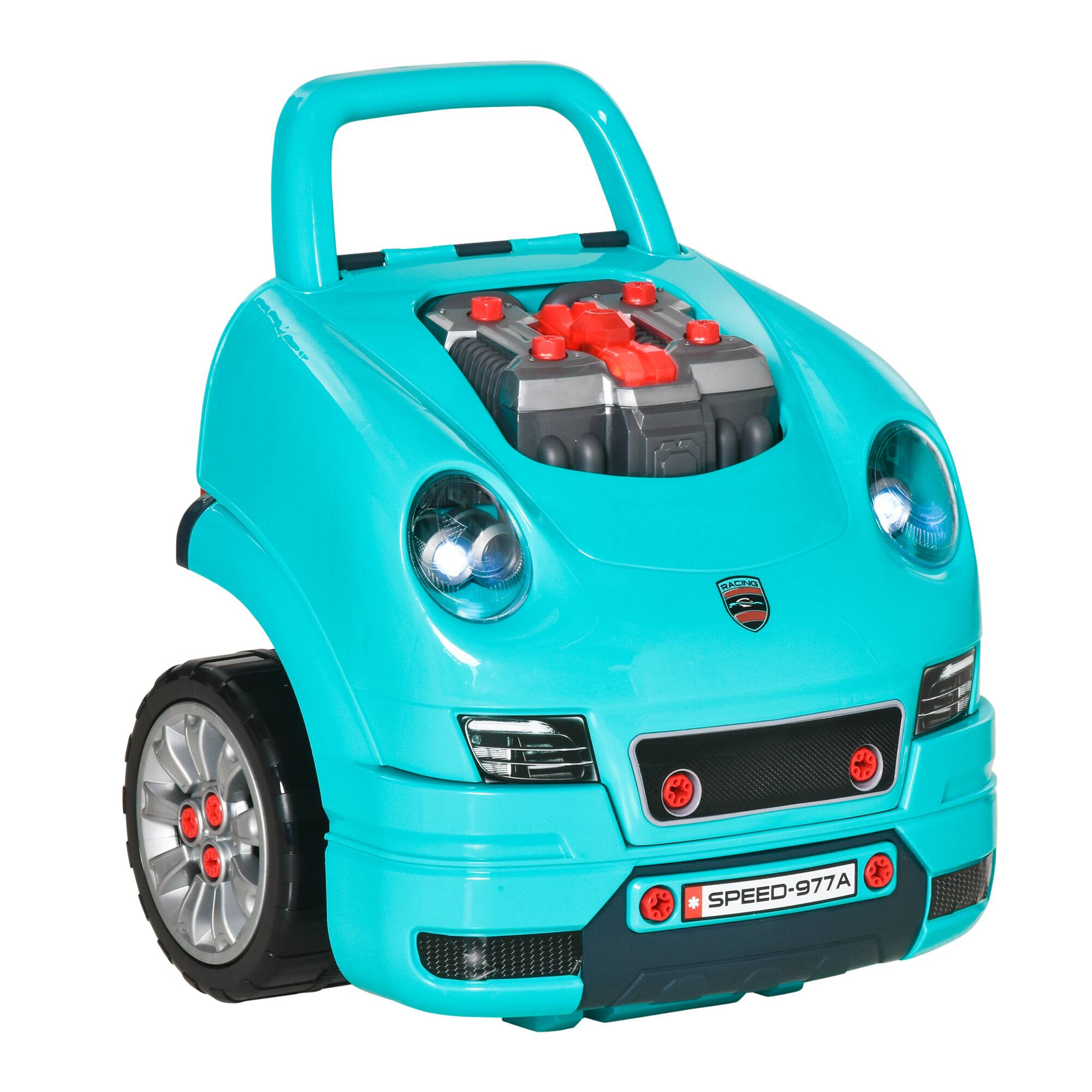 Front. Ecooso - Kids Mechanic Car Repair Toy, Engine Disassembly Play Workshop with 61 Pieces, Steering Wheel, and Light - Teal.