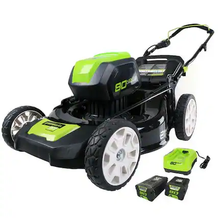 Front. Greenworks - Greenworks 80V 21" Battery Powered Push Mower + (2) 2.0Ah Batteries & Rapid Charger - Green.