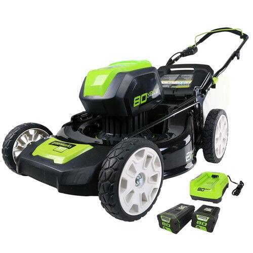 Front. Greenworks - Greenworks 80V 21" Battery Powered Push Mower + (2) 2.0Ah Batteries & Rapid Charger - Green.
