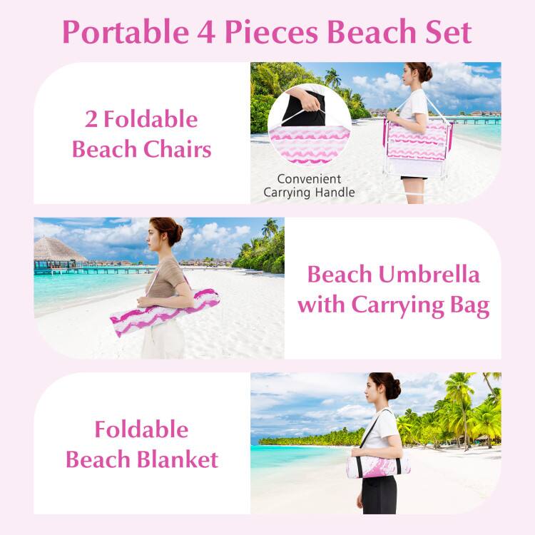 Portable 4 Pieces Beach Set

2 Foldable Beach Chairs

Beach Umbrella with Carrying Bag

Foldable Beach Blanket