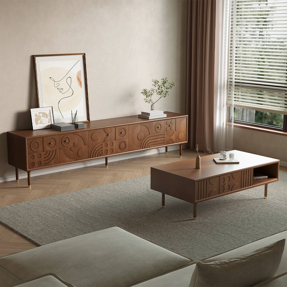 Left. POVISON - 94.49"Mid-Century Modern TV Stand, Wood Media Console with Cabinets, Tall-Cast Legs - Walnut Color.