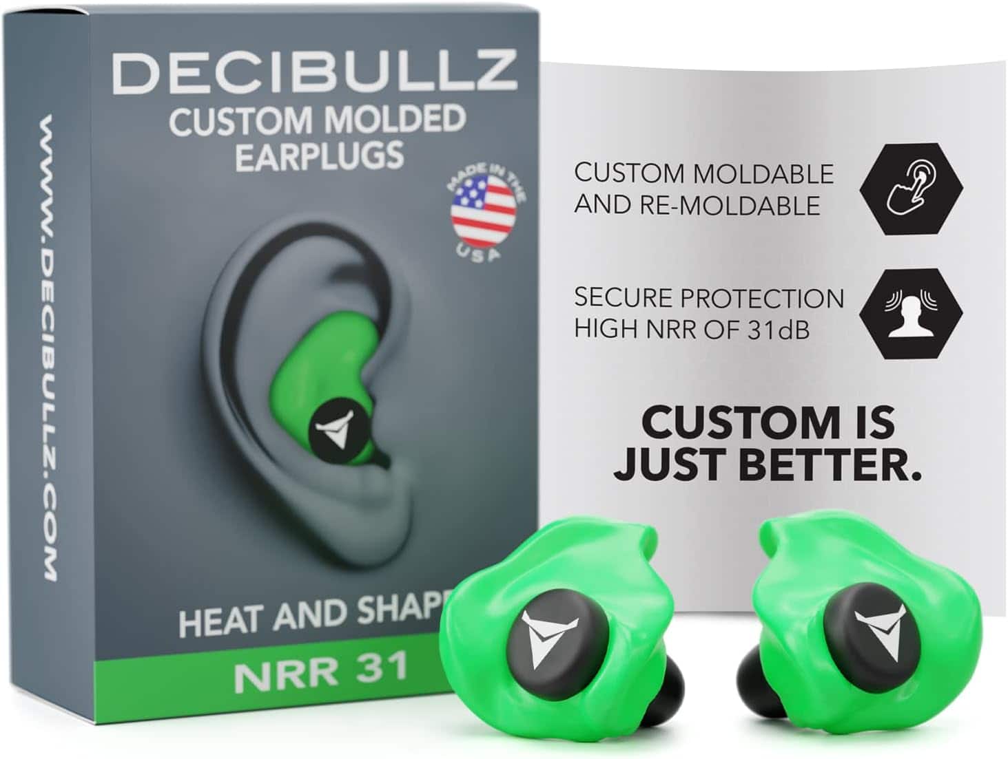 Decibullz - Custom Molded Earplugs, 31dB NRR Hearing Protection for Shooting, Travel, Swimming, Work, Concerts – - Green