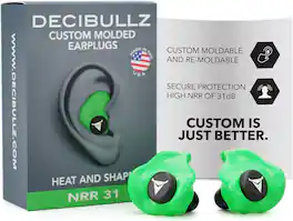 Decibullz - Custom Molded Earplugs, 31dB NRR Hearing Protection for Shooting, Travel, Swimming, Work, Concerts – - Green
