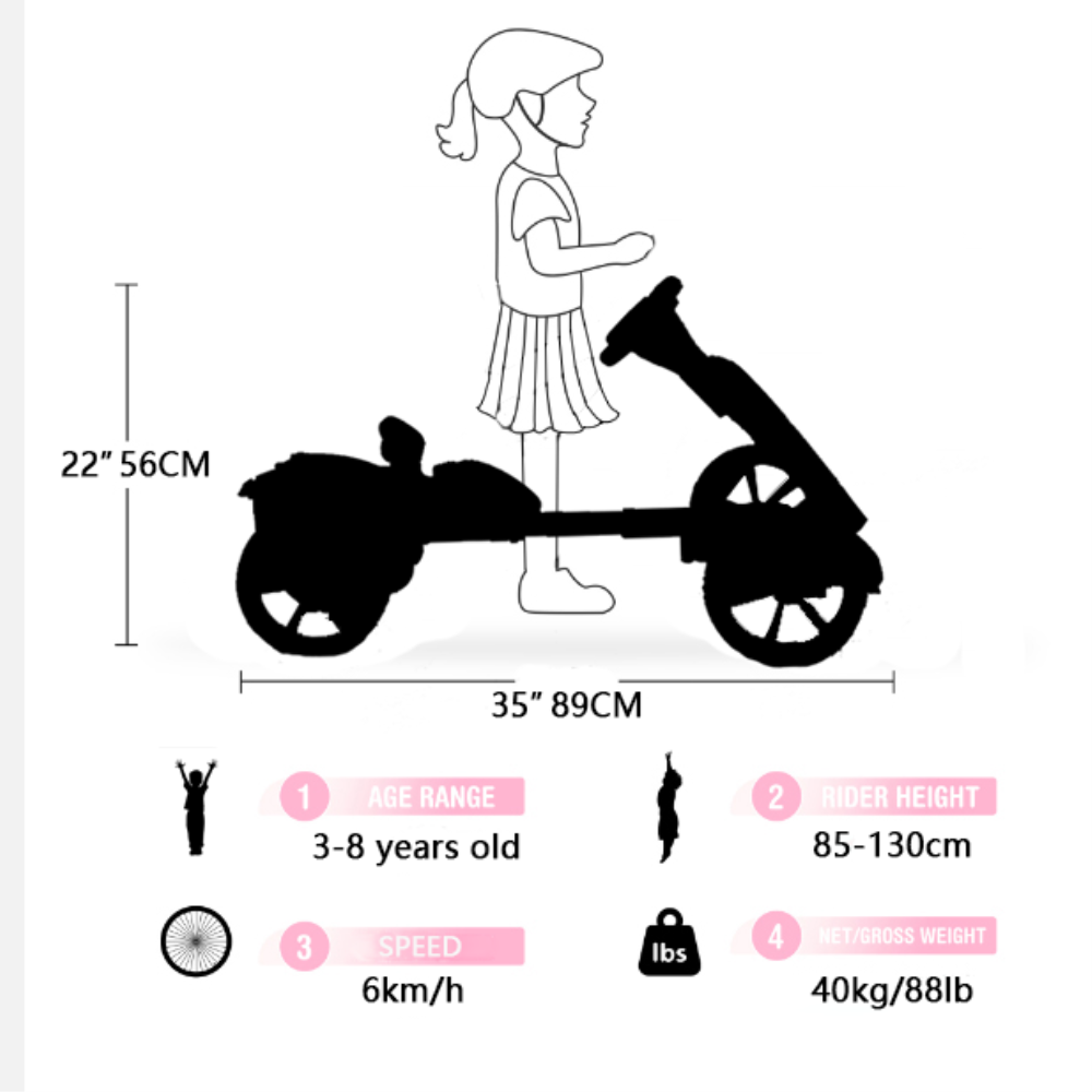 1. AGE RANGE: 3-8 years old  
2. RIDER HEIGHT: 85-130 cm  
3. SPEED: 6 km/h  
4. NET/GROSS WEIGHT: 40 kg/88 lb  

Dimensions:  
- 22" (56 cm)  
- 35" (89 cm)