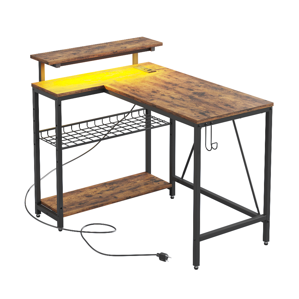 Alt View 6. Bestier - L-Shaped Gaming Desk with Power Outlets LED Lights and Reversible Storage Shelves & Hooks - 42" Wide - Rustic Brown.