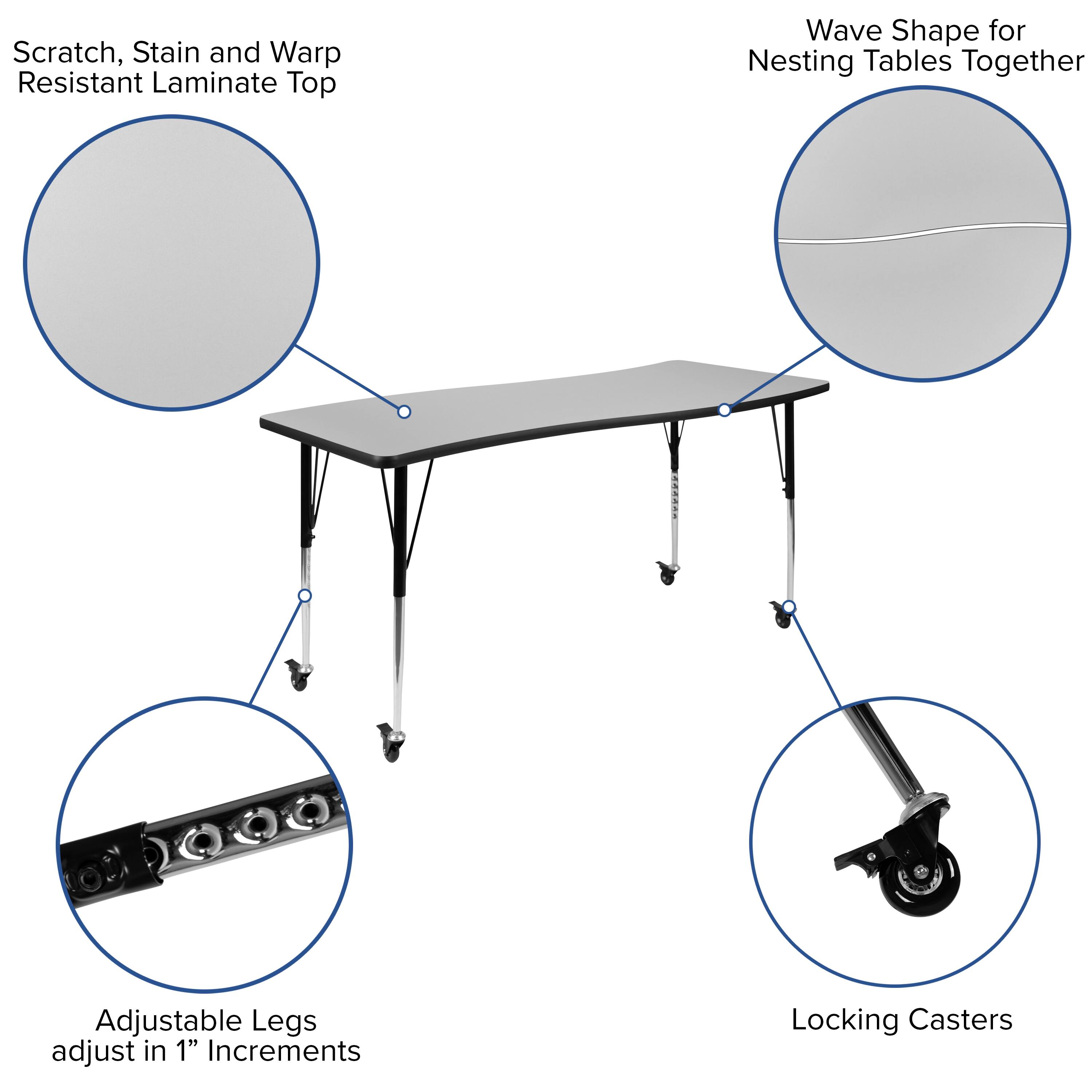 Scratch, Stain and Warp Resistant Laminate Top

Wave Shape for Nesting Tables Together

Adjustable Legs adjust in 1" Increments

Locking Casters