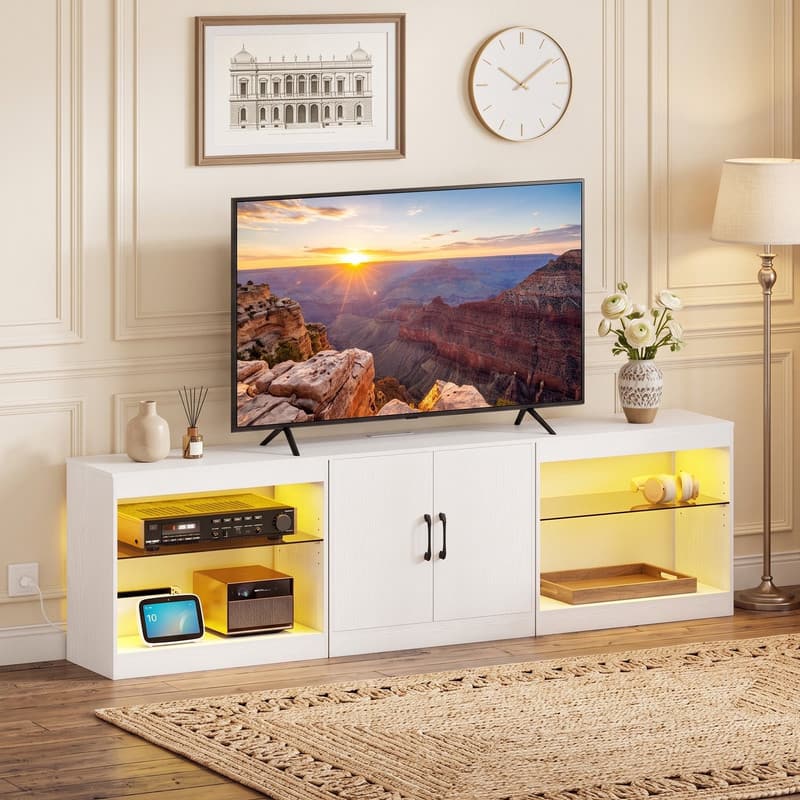 WELLFOR - Modern TV Stand for TVs up to 85" with Power Outlets, LED Entertainment Center TV Media Console - White