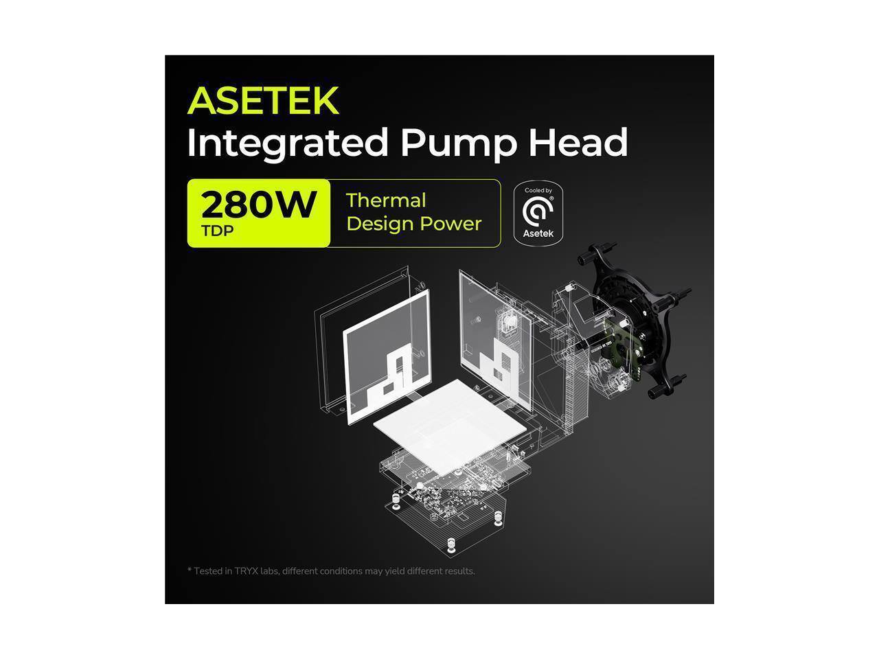 ASETEK Integrated Pump Head Cooled by Thermal Design Power (280W TDP). Asetek Tested in TRYX labs, different conditions may yield different results.