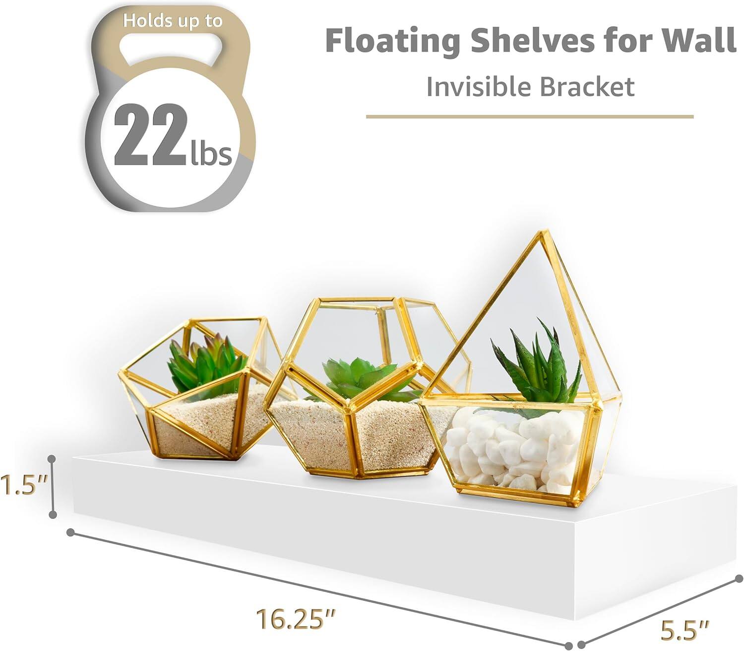 Holds up to 22 lbs, Floating Shelves for Wall, Invisible Bracket, 1.5", 16.25", 5.5"