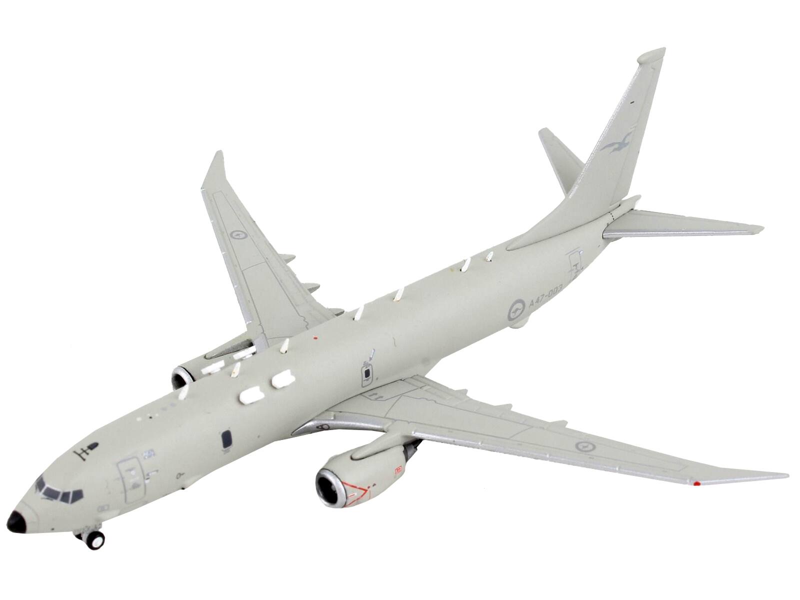Left. GeminiJets - Boeing P-8 Poseidon Patrol Aircraft Royal Australian Air Force Gray Gemini Macs Series 1/400 Diecast Model Airplane - Gray.