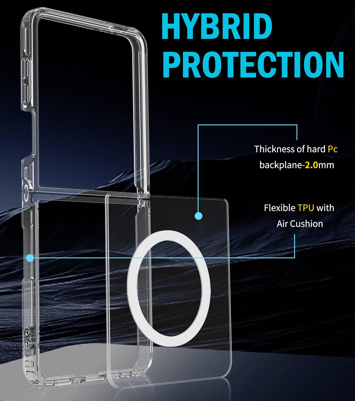 HYBRID PROTECTION

Thickness of hard Pc backplane-2.0mm

Flexible TPU with Air Cushion
