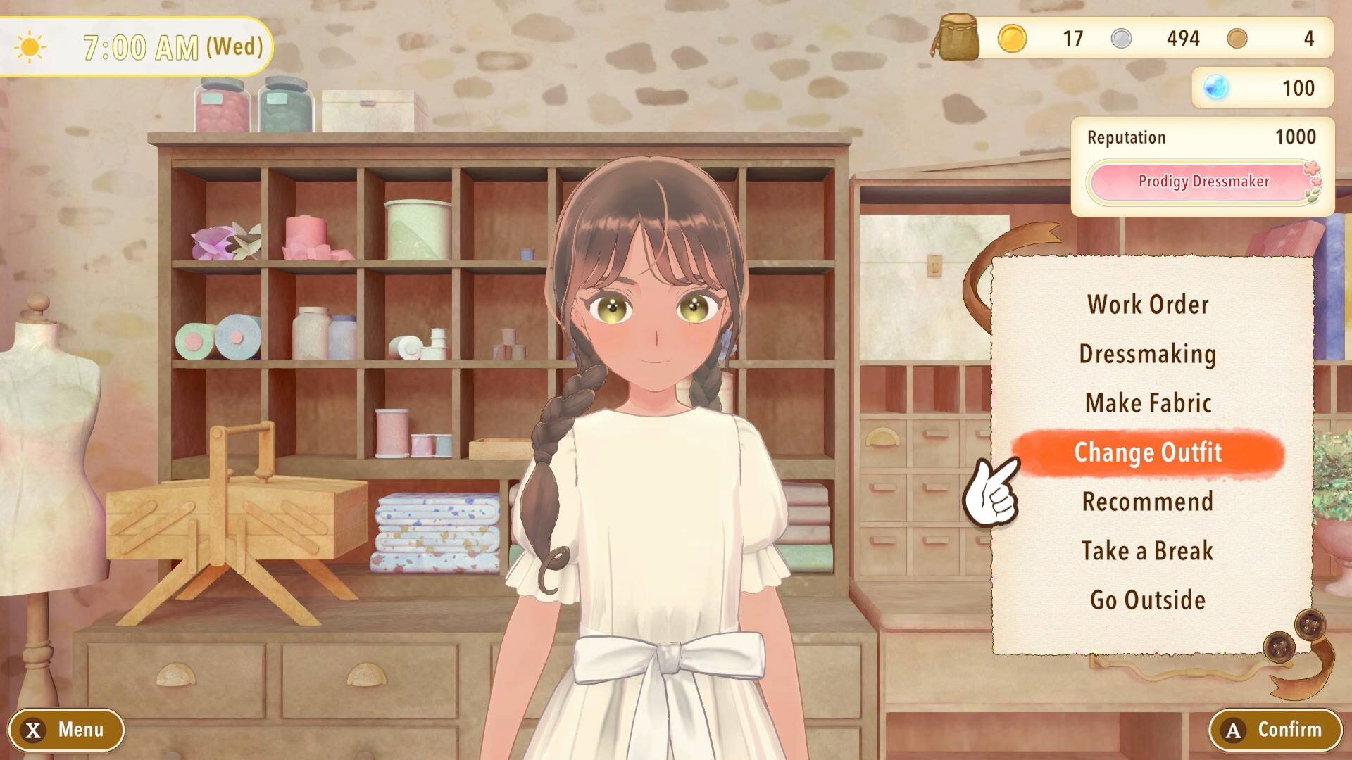 7:00 AM (Wed)  
17 494 4 100  
Reputation 1000  
Prodigy Dressmaker  
Work Order  
Dressmaking  
Make Fabric  
Change Outfit  
Recommend  
Take a Break  
Go Outside  
Menu  
Confirm