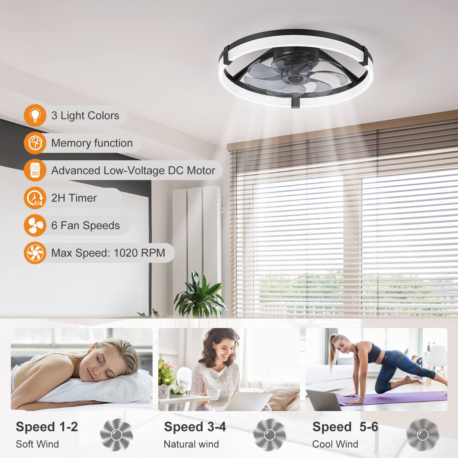 3 Light Colors  
Memory function  
Advanced Low-Voltage DC Motor  
2H Timer  
6 Fan Speeds  
Max Speed: 1020 RPM  

Speed 1-2: Soft Wind  
Speed 3-4: Natural Wind  
Speed 5-6: Cool Wind