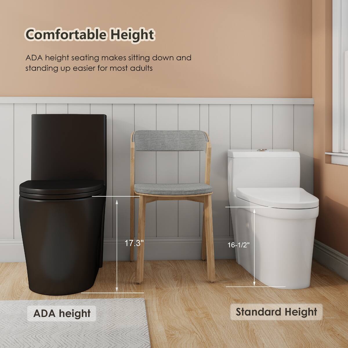 Comfortable Height

ADA height seating makes sitting down and standing up easier for most adults

17.3"
16-1/2"

ADA height
Standard Height