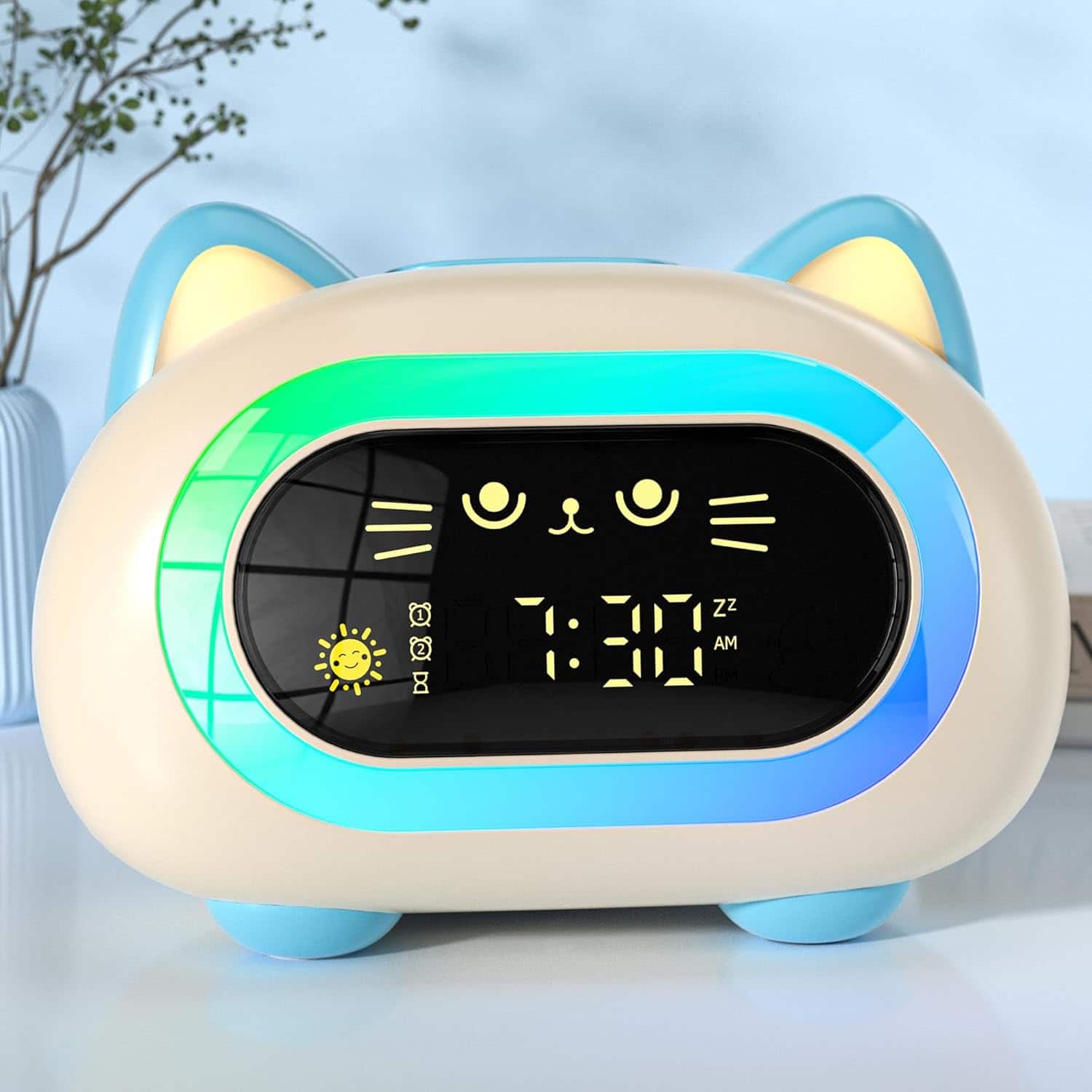FINEAK - Kids Alarm Clock with Dual Alarm Snooze Mode 10 Color Night Light - Aurora Blue