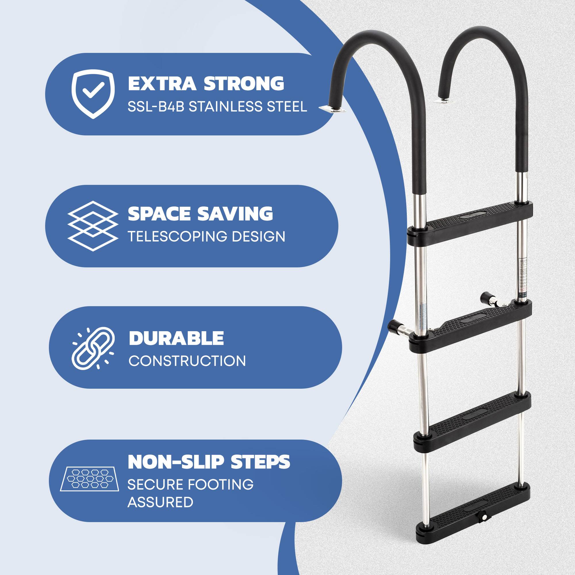 - EXTRA STRONG SSL-B4B STAINLESS STEEL
- SPACE SAVING TELESCOPING DESIGN
- DURABLE CONSTRUCTION
- NON-SLIP STEPS SECURE FOOTING ASSURED