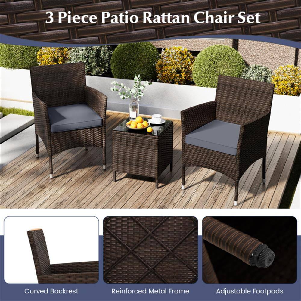 3 Piece Patio Rattan Chair Set

- Curved Backrest
- Reinforced Metal Frame
- Adjustable Footpads