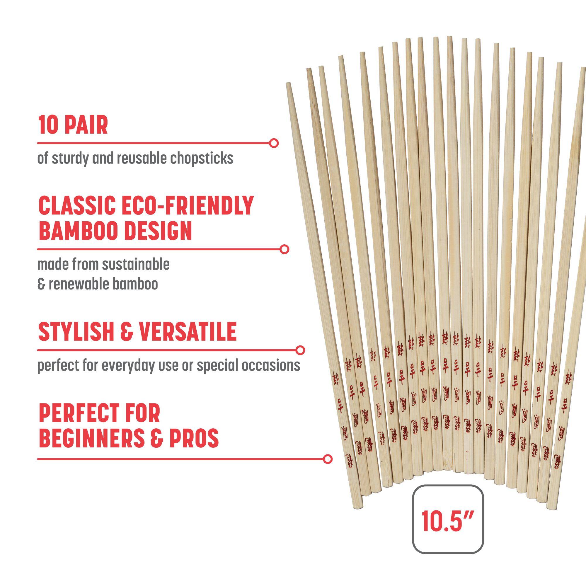 10 PAIR of sturdy and reusable chopsticks
CLASSIC ECO-FRIENDLY BAMBOO DESIGN made from sustainable & renewable bamboo
STYLISH & VERSATILE perfect for everyday use or special occasions
PERFECT FOR BEGINNERS & PROS
10.5"