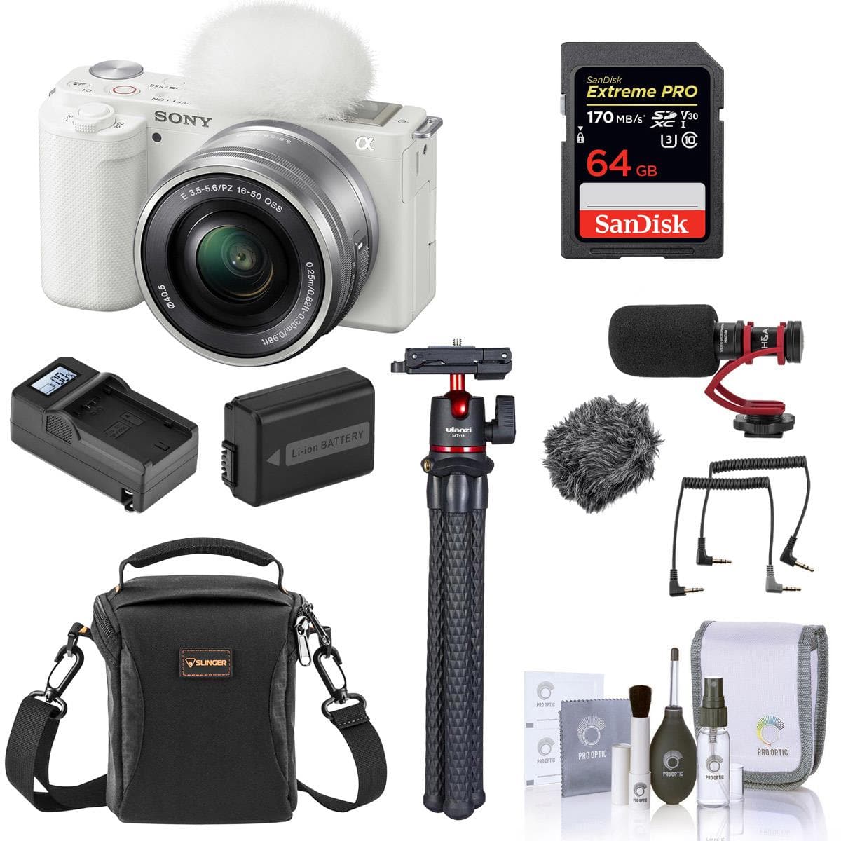 Bundle - Sony - ZV-E10 Mirrorless Vlog Camera with 16-50mm Lens, White - with 64GB SD Card, Shoulder Bag, Mic, Tripod, Extra