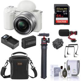 Bundle - Sony - ZV-E10 Mirrorless Vlog Camera with 16-50mm Lens, White - with 64GB SD Card, Shoulder Bag, Mic, Tripod, Extra
