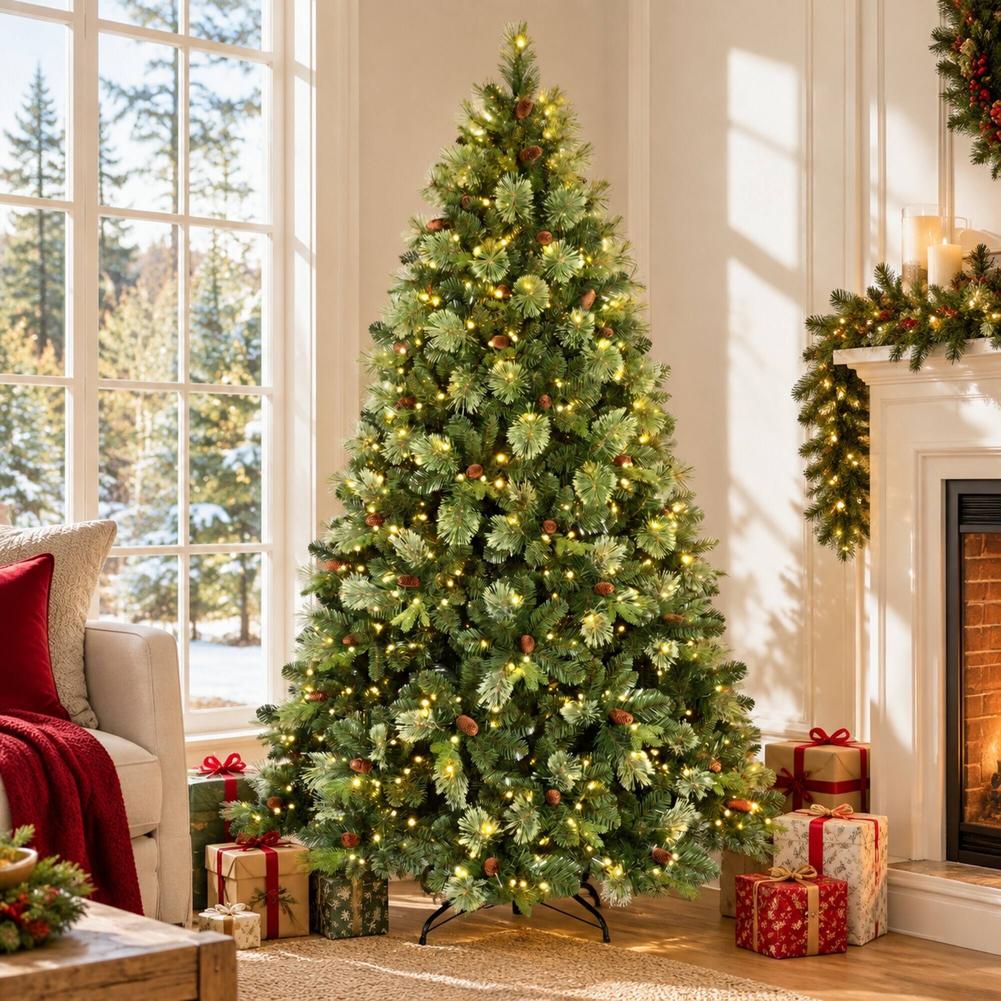 Back. RYHNUYNE - 5FT Pre-Lit Artificial Christmas Tree With 290 Warm White LED Lights and 647 Tips, 43 Pine Cones and Iron Base - Green.