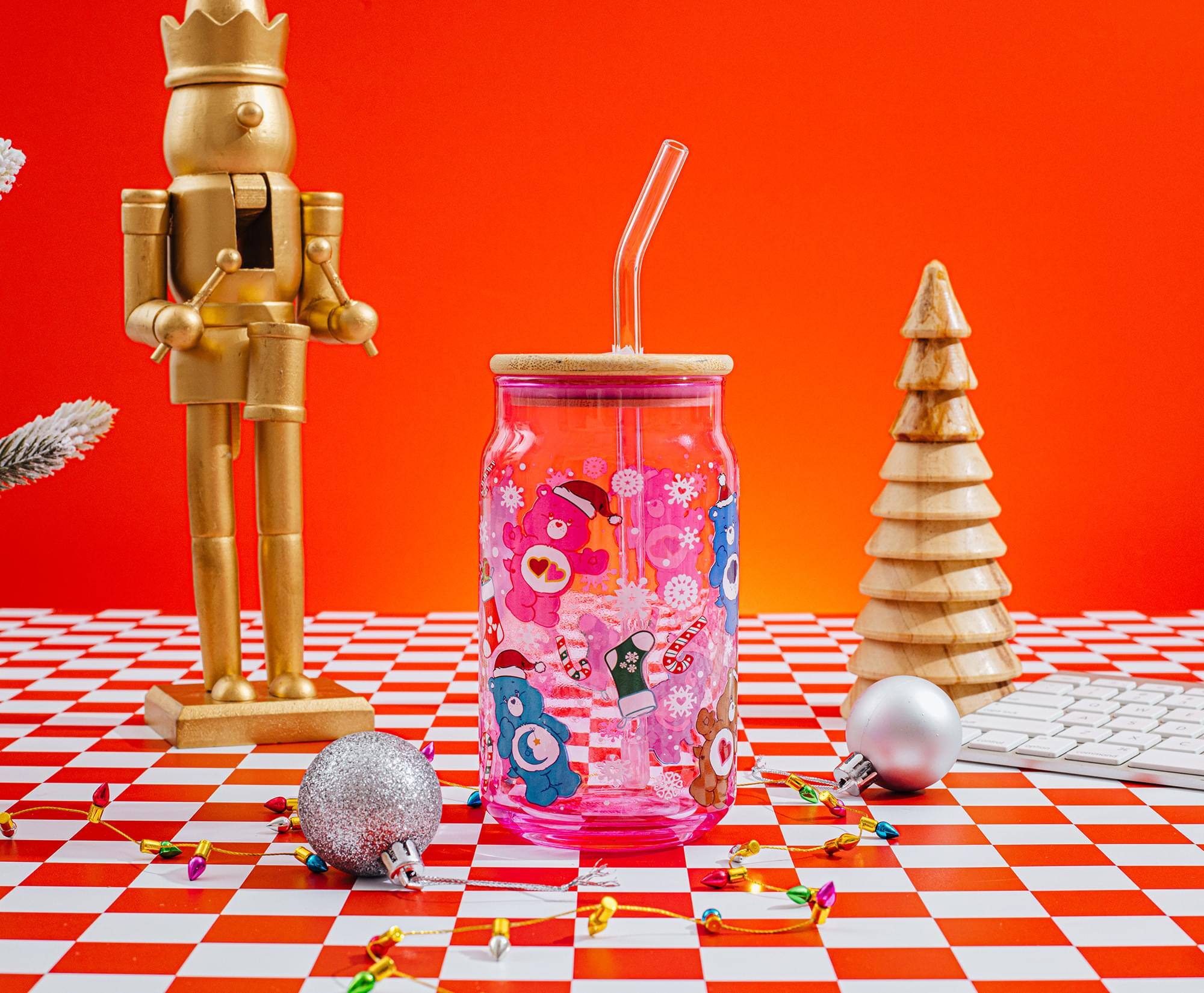 Alt View 2. Silver Buffalo - Care Bears Holiday Glass Tumbler With Bamboo Lid and Straw | Holds 16 Ounces - Pink.