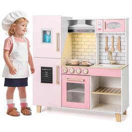Costway - Kitchen Playset for Kids with Realistic Lights & Sounds Range Hood Stove Grill - Pink