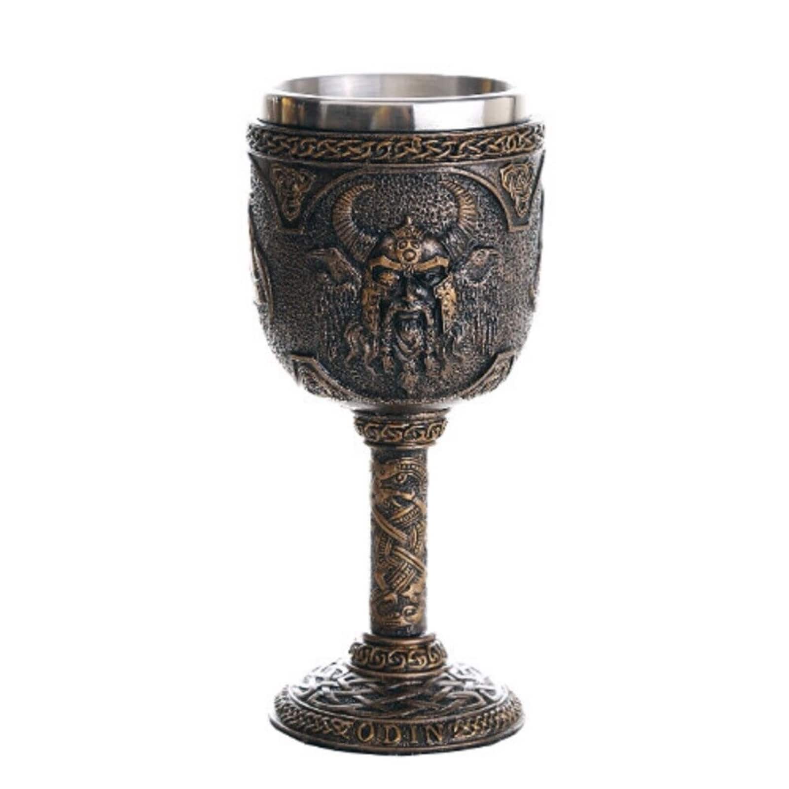 Pacific Trading - Norse Mythology Alfather Odin King of Asgard Wine Goblet Chalice Cup Resin Body Stainless Steel Cup 7 ounce - Bronze
